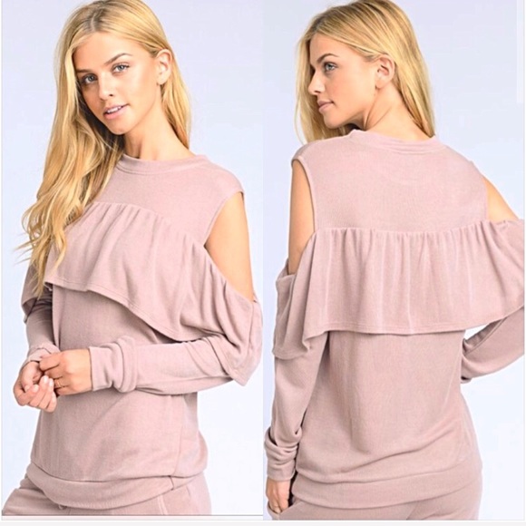 Dusty Pink Blush Ruffle Cold Shoulder Top S - Picture 3 of 6